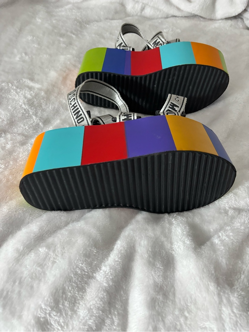Moschino women’s Silver Logo Strap Platform Sandals with Rainbow Blocks - Picture 3 of 6
